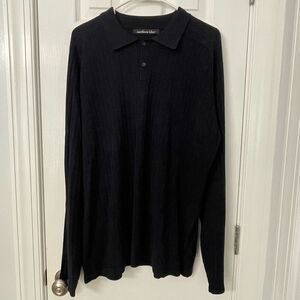 Northern Isles Black Silk Cotton Ribbed Knit Polo Sweater XL
